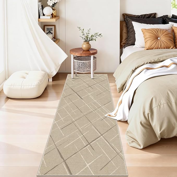 Modern Line Washable Runner Rug 2x6, Beige Non-Slip Hallway Rug, Woven Non-Shedding Thin Runners for Entryway, Kitchen, Laundry Room