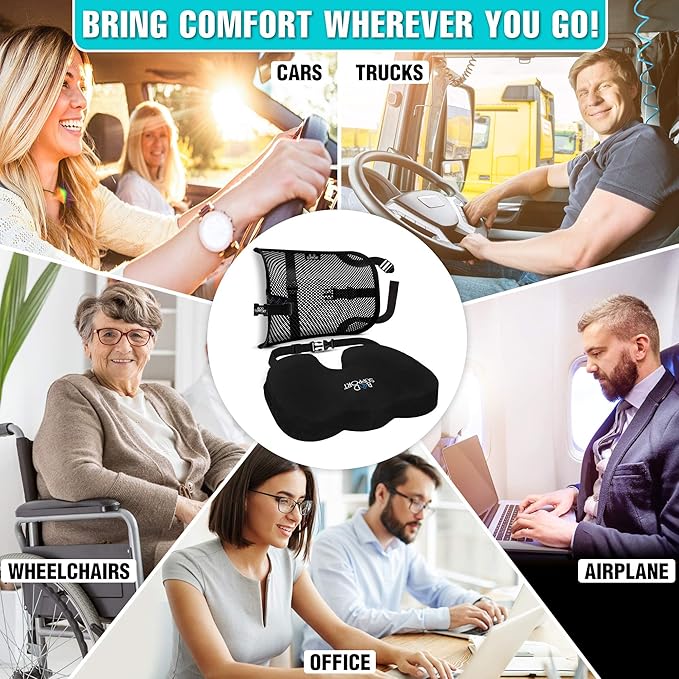 Seat Cushions for Office Chairs with Lumbar Support, Desk Chairs, and Car Seats - Adjustable Straps and Non-Slip Ergonomic Design for Tailbone and Lower Back Pain Relief for All Day Use