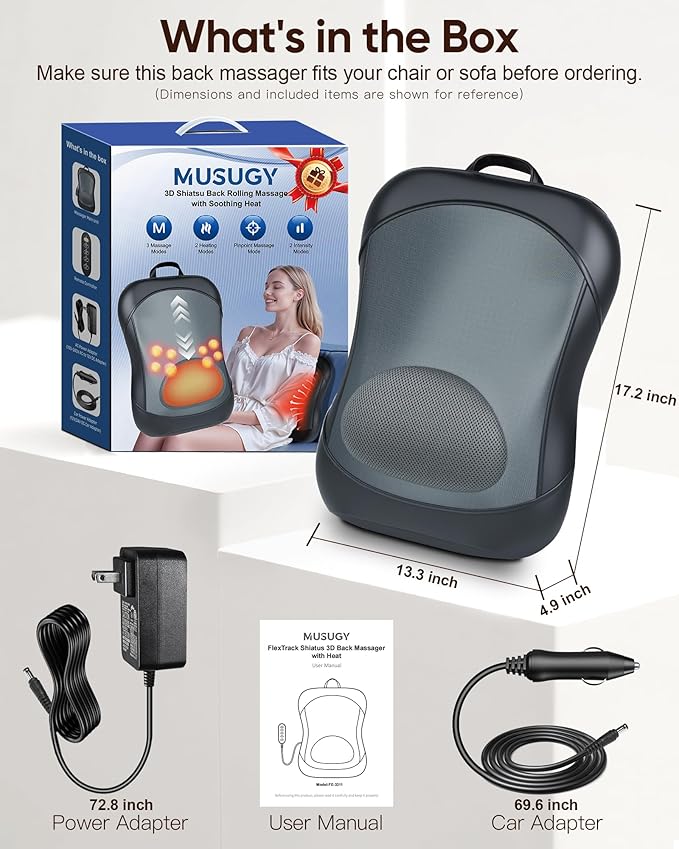 Back Massager for Pain Relief Deep Tissue : Rolling Up and Down, Not Just 4 Fixed Spots, Lower Back Massager with Heat, Shiatsu Kneading Massage for Office Home Car Use