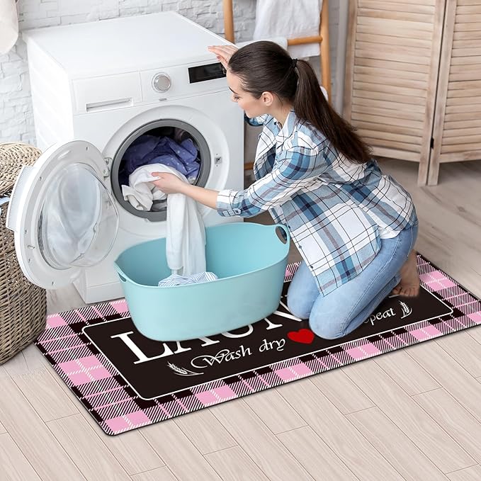 XLHOMO Laundry Room Rugs and Mats, 17"x47" Buffalo Plaid Pink Laundry Room Rug Runner Washable Non Slip, Farmhouse Laundry Mats for Floor, Mudroom, Kitchen, Washroom, Bathroom, Entryway Carpet Decor