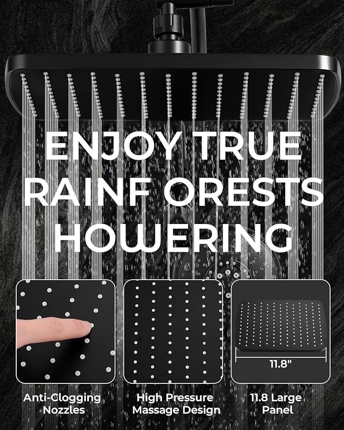 11.8" Rain Shower Head with Handheld, High Pressure Handheld Shower with Multi Spray Modes, Rainfall Combo with Metal Extension Arm, Detachable Dual Showerhead, Bathroom Decor, Matte Black