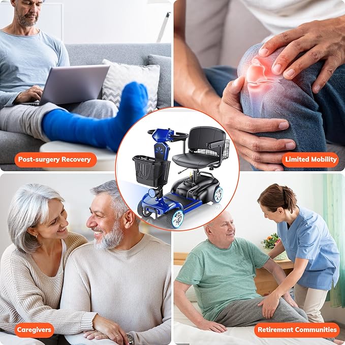 15/25/30/50Miles Eldryvon 4 Wheels Electric Mobility Scooter for Seniors, Dual Basket, 350W Powered Wheelchair with Rotating Seat, Foldable Motorized Scooter for Adults (Blue, 30Miles)