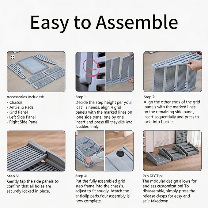 Cat Litter Box Step Ramp with Litter Catcher Adjustable Litter Trapping Cat Stairs Non-Slip Trapping Mat for Kittens and Senior Cats, Washable (Gray, Large)