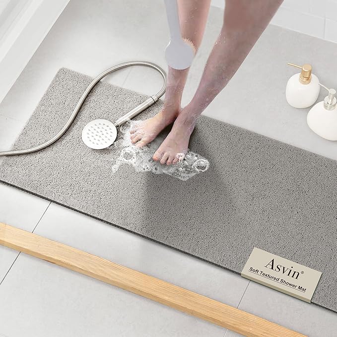 Asvin Soft Textured Bath, Shower, Tub Mat, 47x16 Inch, Phthalate Free, Non Slip Comfort Bathtub Mats with Drain, PVC Loofah Bathroom Mats for Wet Areas, Quick Drying