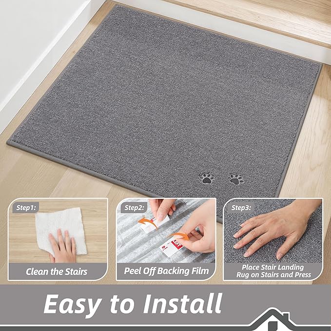 BEQHAUSE Stair Landing Rug Non-Slip 30"x30", Square Stair Landing Mats for Stairs Washable, Carpet Stair Treads Matching Mats for Wooden Steps Indoor Landing Rugs Surface Polyester TPE Backing, Grey