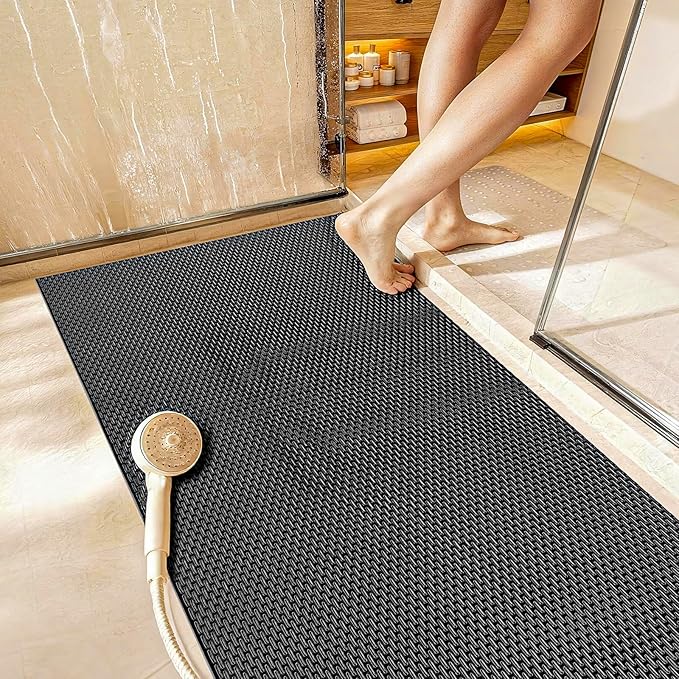 Extra Large Non-Slip Shower Mat, Fast-Dry PVC Bath Stall & Tub Mat, Drain-Hole Design,for Shower Stall Tub for Elderly/Kids,Non Slip Bathroom Safety Accessory,Black 32"x58"