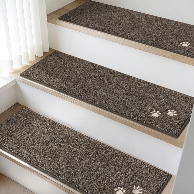 BEQHAUSE Stair Treads for Wooden Steps 28inX9in, Non Slip Carpet Stair Treads Indoor Stair Runners Machine Washable, Soft Stair Rugs Mat Surface Polyester TPE Backing, 4pcs, Brown