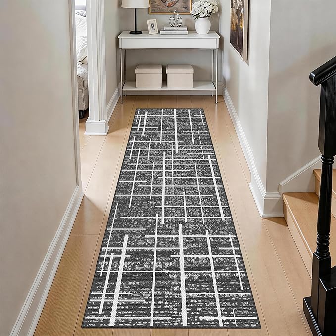 Non Slip Hallway Runner Rug 2x8,Modern Distressed Stripe, Washable Long Rug, Woven Thin Low Pile Carpet Runners for Hallway 10ft Entryway, Kitchen, Walkway- Gray