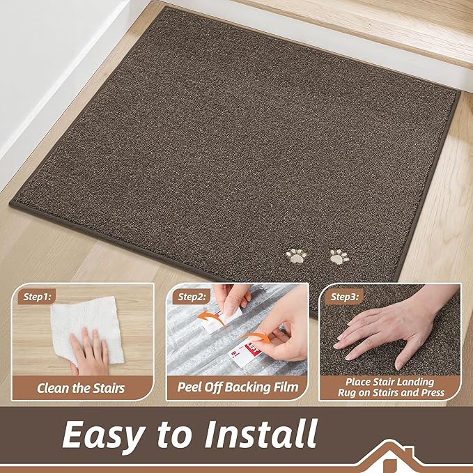 BEQHAUSE Stair Landing Rug Non-Slip 30"x30", Square Stair Landing Mats for Stairs Washable, Carpet Stair Treads Matching Mats for Wooden Steps Indoor Landing Rugs Surface Polyester TPE Backing, Brown
