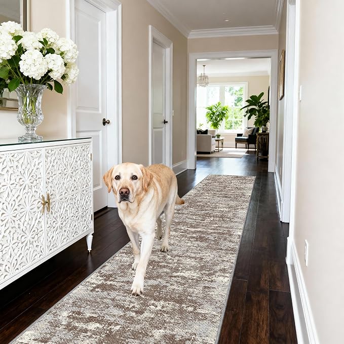 Non Slip Floor Runners for Dogs 2.6x8 Washable Runner Rug Abstract, Joint Support for Senior Dogs, Woven, Extra Grip Traction Runners for Hallway, Kitchen,Entryway,Brown