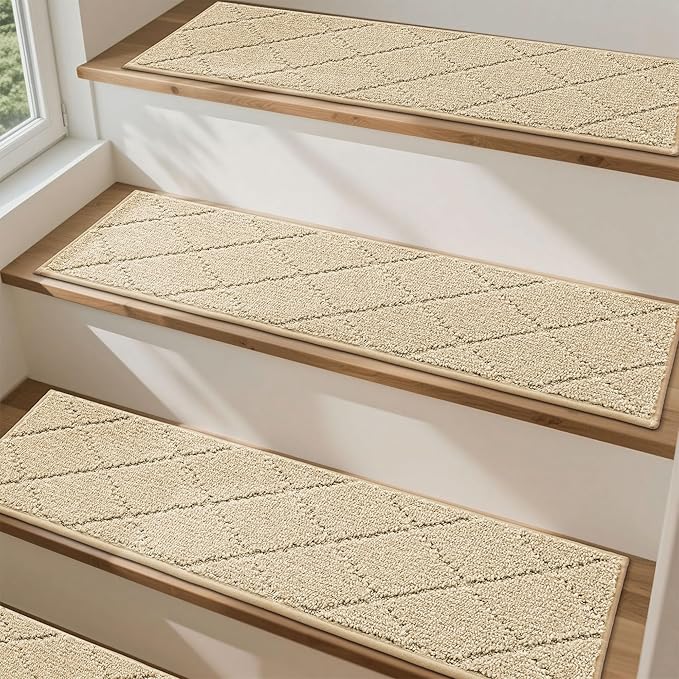 COSY HOMEER Stair Treads for Wooden Steps 9"x28",Washable Non Slip Peel and Stick Carpet Stair Treads with Reusable Residue Free Backing Soft Pet Friendly Stair Runner for Kids Elders,Warm Beige,10pcs