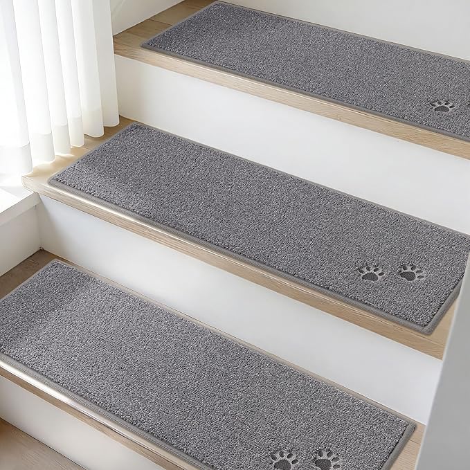 BEQHAUSE Stair Treads for Wooden Steps 28inX9in, Non Slip Carpet Stair Treads Indoor Stair Runners Machine Washable, Soft Stair Rugs Mat Surface Polyester TPE Backing, 4pcs, Grey