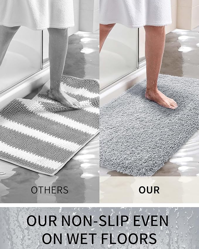 Bathroom Rugs Non Slip Washable 59x24, Ultra Soft Thick Shaggy Absorbent Bath Mats,High Density Foam Latex Non Slip Backing Bath Rugs,Microfiber Bath Mats for Bathroom Floor&Sink,Silver Grey