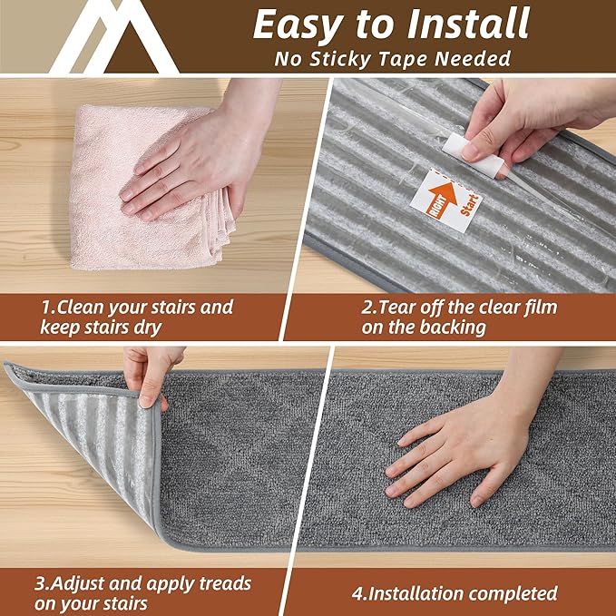 COSY HOMEER Stair Treads for Wooden Steps 9"x28" Washable Indoor Carpet Stair Treads Non Slip Soft Polyester Stair Carpet Tread Reusable Stair Runner Rugs for Kids, Elders,Pets,Medium Grey,7pcs