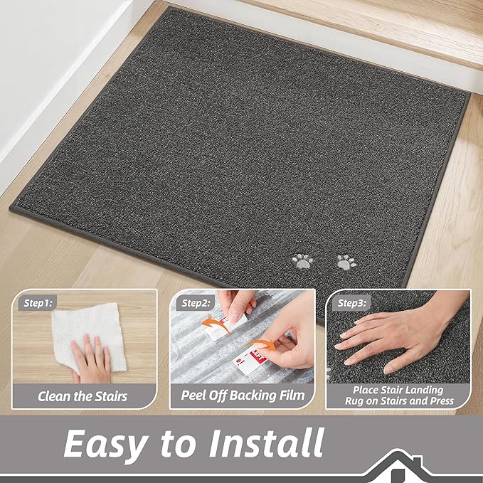 BEQHAUSE Stair Landing Rug Non-Slip 30"x30",Square Stair Landing Mats for Stair Washable,Carpet Stair Treads Matching Mats for Wooden Steps Indoor Landing Rugs Surface Polyester TPE Backing, Charcoal