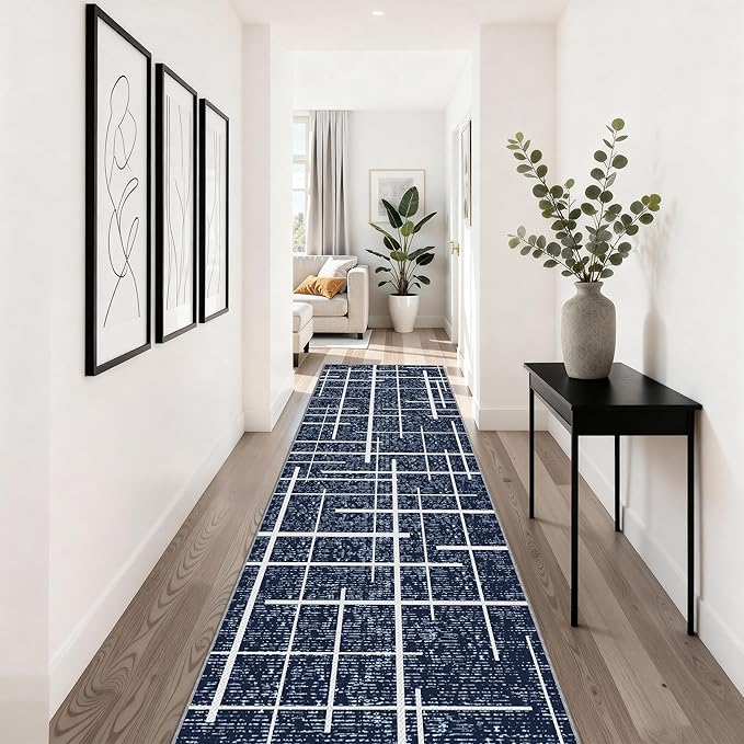 Non Slip Hallway Runner Rug 2x10, Blue Modern Distressed Stripe, Washable Long Rug, Woven Thin Low Pile Carpet Runners for Hallway 10ft Entryway, Kitchen, Walkway- Blue