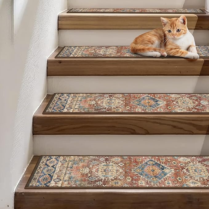 Non Slip Stair Treads for Wooden Steps 15PCS - 8"x30" Indoor Safety Carpet, Edging Mats with TPE Adhesive Backing, Pet and Elderly Friendly Stair Rugs (Antique Red)