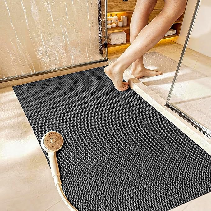 Extra Large Non-Slip Shower Mat, Fast-Dry PVC Bath Stall & Tub Mat, Drain-Hole Design,for Shower Stall Tub for Elderly/Kids,Non Slip Bathroom Safety Accessory,Black 32"x47"