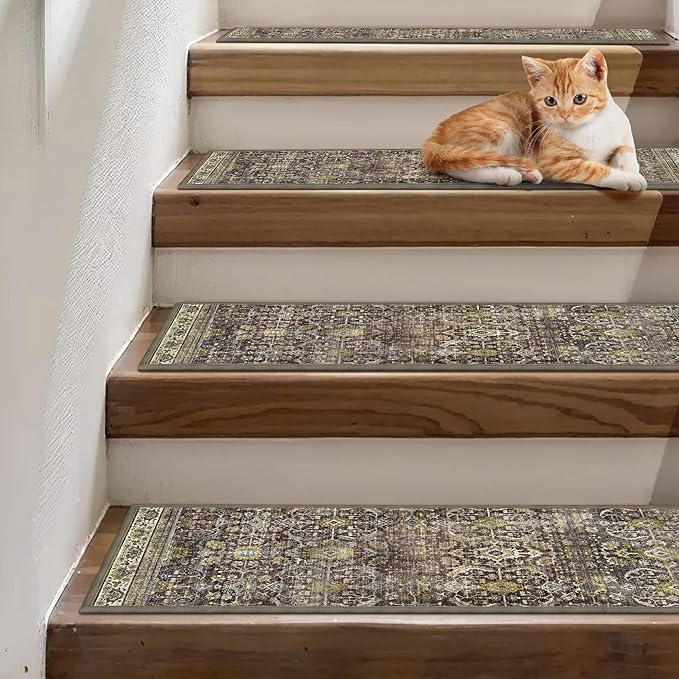 sarben Carpet Stair Treads Non Slip 15PCS, 8" X 30" Edging Stair Runner for Wooden Steps Indoor, Resistant Stair Rug with Reusable TPE Adhesive Backing, Residue Free Mat for Elders, Pets, Burgundy