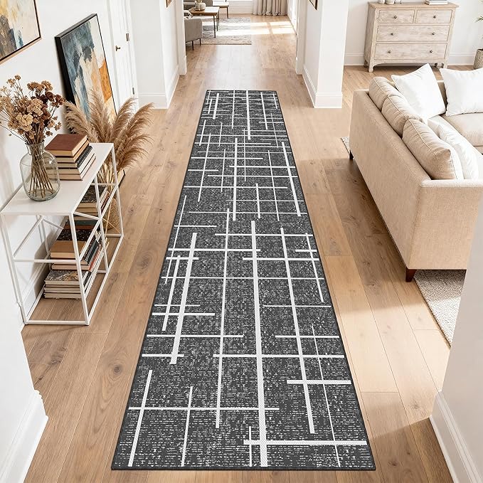 Non Slip Hallway Runner Rug 2.6x12, Modern Distressed Stripe, Washable Extra Long Rug, Woven Thin Low Pile Carpet Runners for Hallway 12ft Entryway, Kitchen, Walkway- Gray