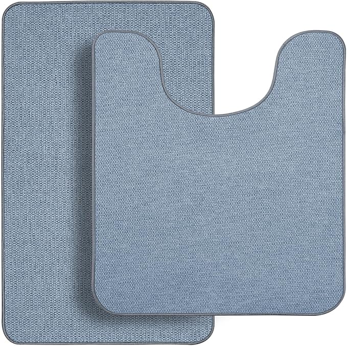 Bosap Bathroom Rugs Set 2 Pieces,Thin Bathroom Mats,Toilet Rugs,Quick Dry,Non-Slip,Machine Washable,Low Pile,Absorbent Bath Mats,Shower,Sink,Home Decor Accessories.Blue,1'5"x2'3"+1'8"x2" U Shape
