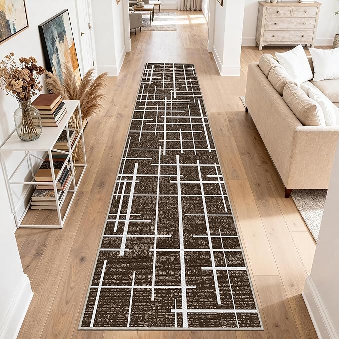 Non Slip Hallway Runner Rug 2.6x12, Modern Distressed Stripe, Washable Extra Long Rug, Woven Thin Low Pile Carpet Runners for Hallway 12ft Entryway, Kitchen, Walkway- Brown