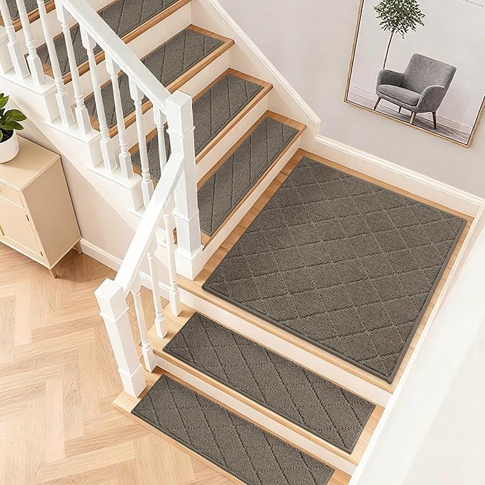 COSY HOMEER Stair Landing Rugs Non-Slip Corner Indoor Edging Stair Treads for Wooden Steps,Washable Soft Stair Landing Mat for Kids,Elder and Dogs,Polyester,TPE Backing,Light Brown,30x30inch