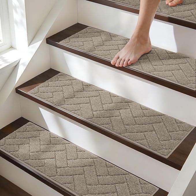 BEQHAUSE Edging Stair Treads for Wooden Steps 9" x 28", Non Slip Carpet Stair Treads Indoor Stair Runners, Soft Stair Rugs, Machine Washable, 100% Polyester, TPE Backing, 4pcs, Beige