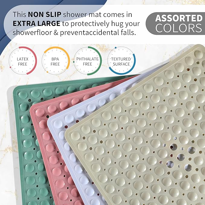 Yimobra Shower Stall Mat Non Slip, 21x21 Inch, Soft Square Bath Mat for Shower with Suction Cups and Drain Holes, Stall Floor Mats for Bathroom, Machine Washable, Bathroom Accessories, Clear