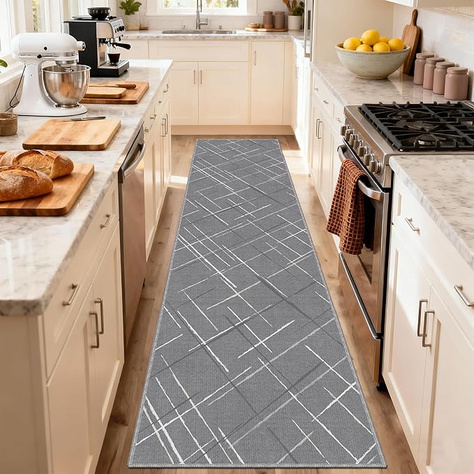 Gray Runner Rug Ultra Non-Slip 2x10 Long Hallway Rugs Washable Modern Tear and Stain Resistance No Pile Lightweight Modern Rug Runners for Entryway, Kitchen, Walkway, Entrance, Gray