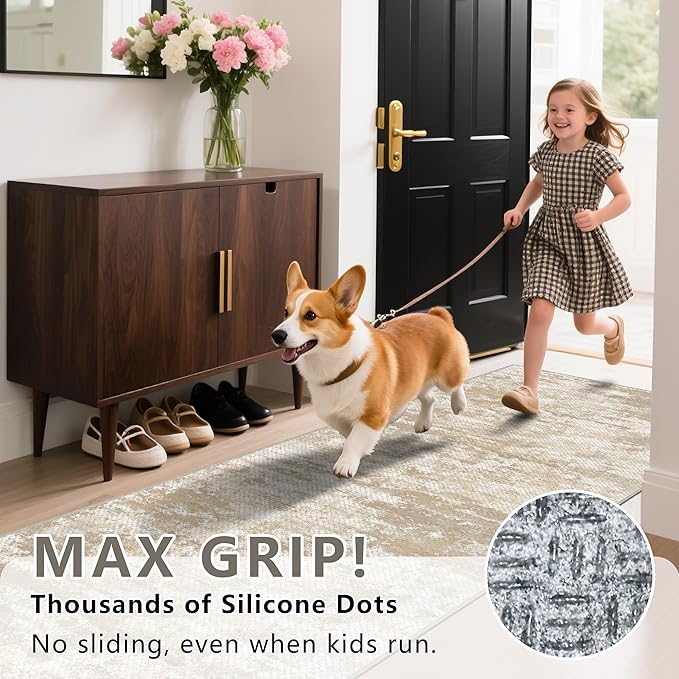 Runners for Hallways Ultra Non-Slip 2x4 Washable Kitchen Rug Abstract Tear and Stain Resistance No Pile Lightweight Runners for Entryway, Laundry Room, Bedside, Beige/Yellow