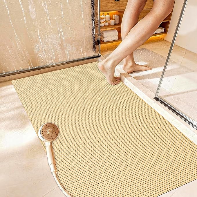 Extra Large Non-Slip Shower Mat, Fast-Dry PVC Bath Stall & Tub Mat, Drain-Hole Design,for Shower Stall Tub for Elderly/Kids,Non Slip Bathroom Safety Accessory,Beige 24"x24"