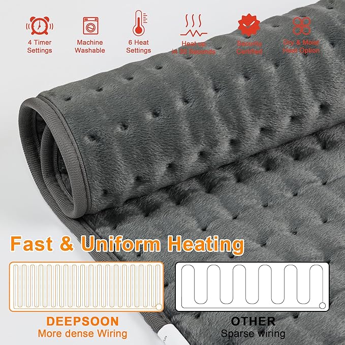 Deepsoon Heating Pad,Electric Heating Pads for Back,Neck,Moist Heating Pad for Abdomen Shoulder Knee Legs,Dry/Moist Heat&Auto Shut Off,Mother's Day Birthday for Men and Women,Dark Gray,24x12 Inch