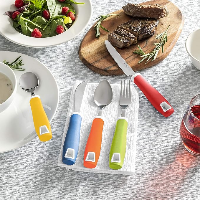 Special Supplies Adaptive Utensils (5-Piece Kitchen Set) Wide, Non-Weighted, Non-Slip Handles for Hand Tremors, Arthritis, Parkinson’s or Elderly Use - Stainless Steel Knives, Fork, Spoons