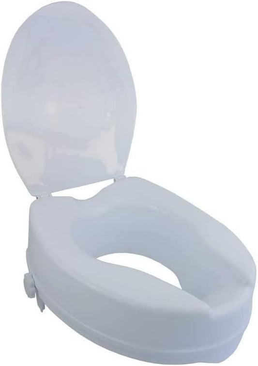 Mobiclinic®, Raised toilet seat, With toilet lid, 4 inches, Adaptable to oval toilets, Lateral fixation system, Elevated Toilet Seat for Adults, Spanish brand, model Titán, Color White