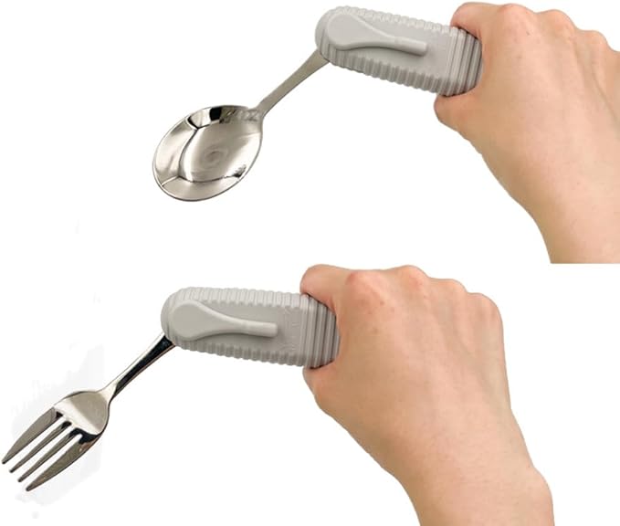 Pekokavo Adaptive Utensils Set, Angle Adjustable Arthritis Aid Silverware for Parkinsons, Hand Tremors, with Non-Slip Easy Grip Handle (4 Count (2 Spoon + 2 Fork))