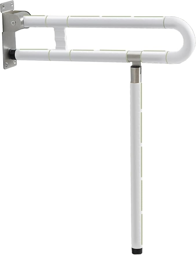 Toilet Grab Bar 23.6 Inch, Anti-Slip Support Rail U Shaped Flip-Up Grab Bar with Luminous, Stainless Steel Handicap Bathroom Safety Handrails for Elderly (White, 23.6 inch with Leg Anti-Slip)