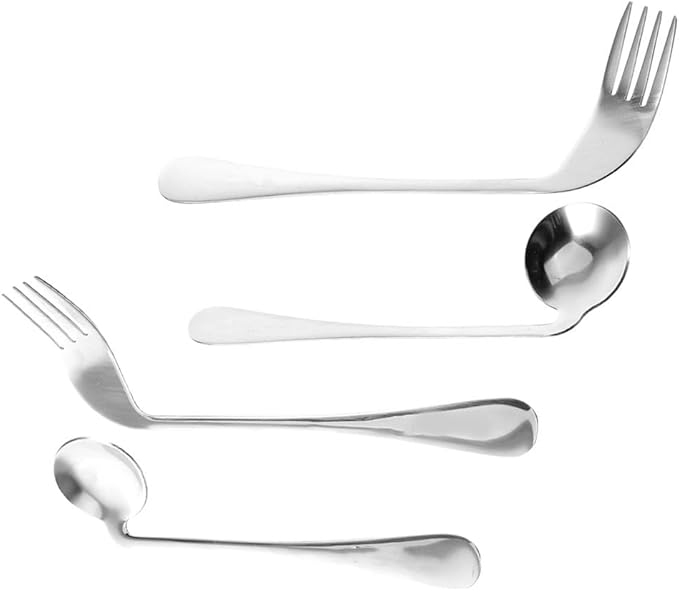 Adaptive Utensils Set - Curved Stainless Steel Spoon and Fork for Elderly, Adults with Tremors, Comfortable Angled Handle Design for Easy Feeding at Home (4pcs)