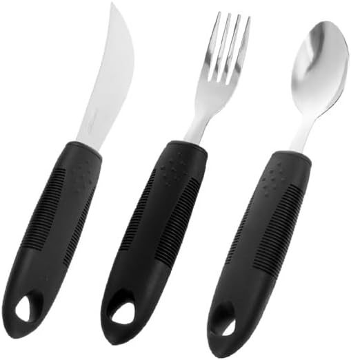 3PCS Adaptive Utensil Set - Arthritis Aid Silverware for Parkinsons, Hand Tremors - Easy Grip for Shaking and Trembling Hands - Heavy Stainless Steel Spoon (Regular)