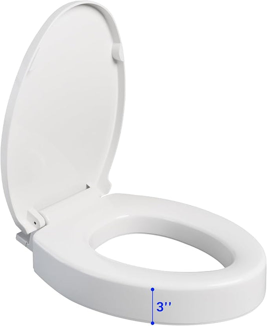 Elongated Raised Toilet Seat for Seniors, 3" Height, Heavy Duty Slow Close Elevated Toilet Seat with Never Loosen Hinges, Fits Most Elongated Toilets (White 18.5") (Raised Toilet Seat)
