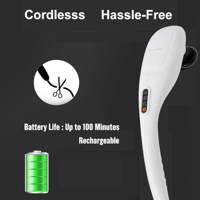 MEGAWISE Cordless Handheld Back Massager w/Rechargeable 3200mAh Battery, 5 Speed and 5 +2 Massage Nodes with Hard, Medium and 2 Soft Silicone Nodes; Massage While Moving Around (White)