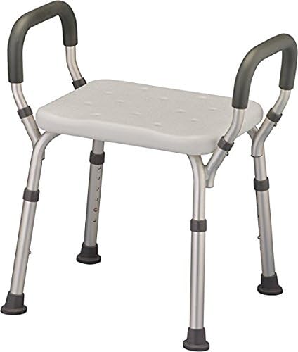 HEALTHLINE Adjustable Shower Bench with Arms – Lightweight Bath Seat with Padded Handles, Height 15"–20", White Plastic Seat with Drainage Holes, for Balance Assistance in Shower/Tub, 300 lb Capacity