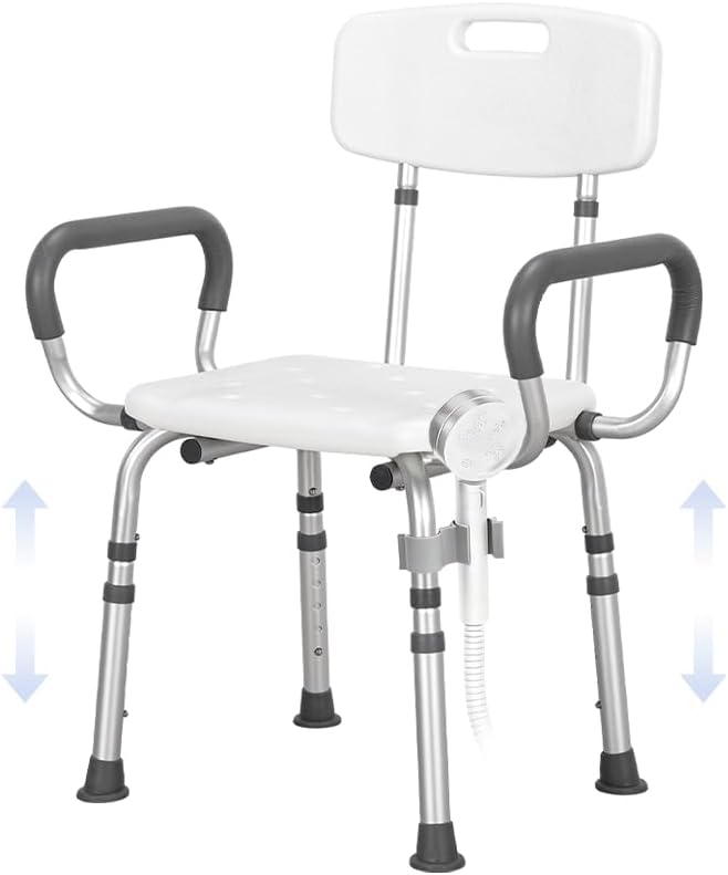 Adjustable-Height Shower Chair for Seniors Features a Sturdy Aluminum Frame, Non-Slip Surface, Drainage Holes, 3 in-1easy Installation, and Supports up to 350 lbs