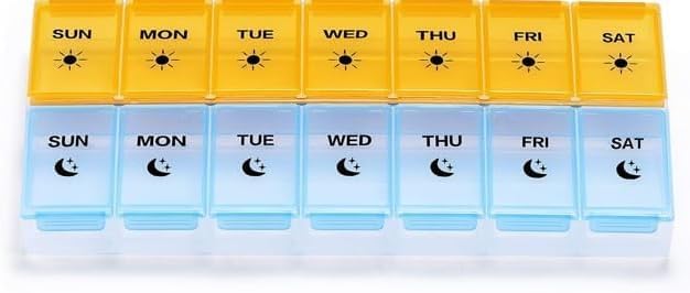 Extra Large 7 Day Pill Organizer AM PM BPA-Free Medicine Case with Oversized Compartments for Large Vitamins, Fish Oil, and Supplements, Easy Open Design(Yellow/Blue)