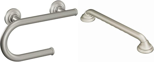 Moen Brushed Nickel Bathroom Safety Grab Bars with Toilet Paper Holder (LR2352DBN) and Curled Grip (R8712D3GBN)