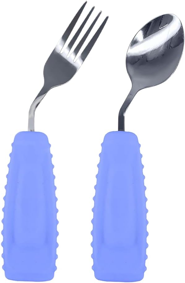 Adaptive Utensils Set – Ergonomic Angled Fork & Spoon for Parkinson's, Tremors, and Stroke Recovery – Weighted Utensils for Hand Tremors, Non-Slip Silicone Grip, Dishwasher Safe