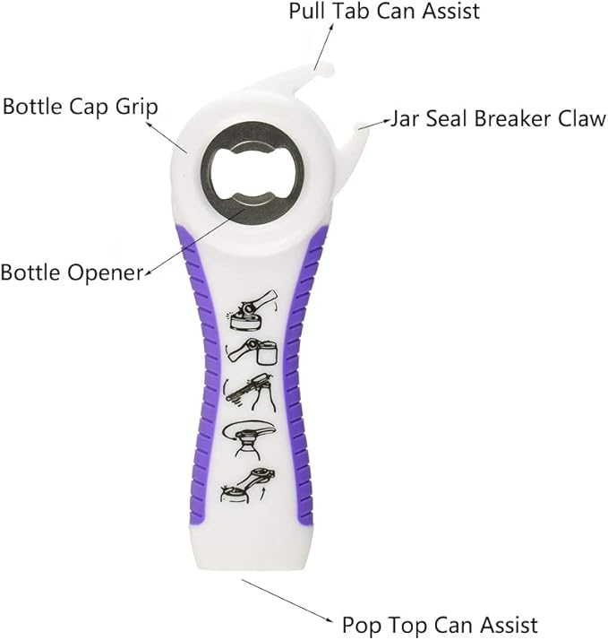 2 pack 5-in-1 Multi Function Plastic Grip Bottle Opener- Easily Opens Twist Caps, Bottle Caps, Canning Lids and Can Tabs (Black & White)
