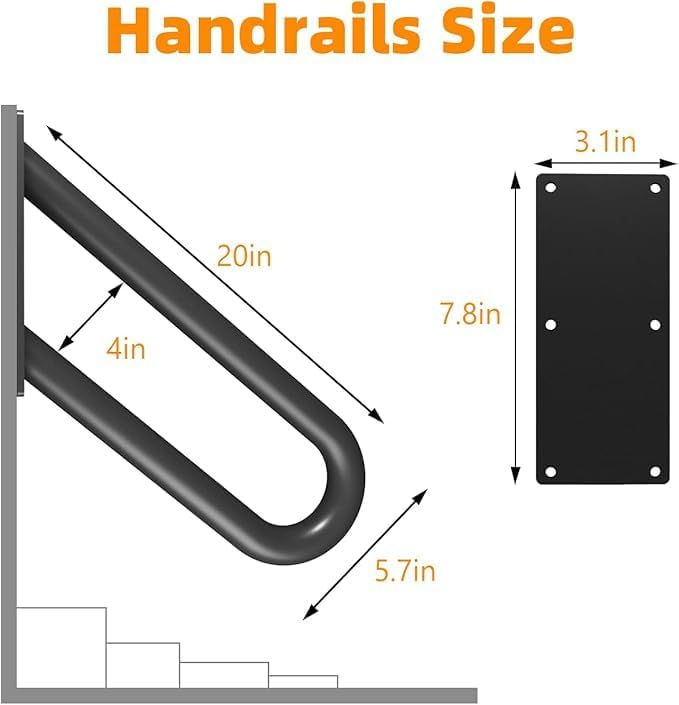 Hand Rails for Outdoor Steps Stair Railing Indoor Rail Metal Heavy Duty Non-Slip 1-3 Step Wall Mount Grab Bars U-Shape Safety Handle Garage Porch Courtyard Doorways (2 Pack 20")