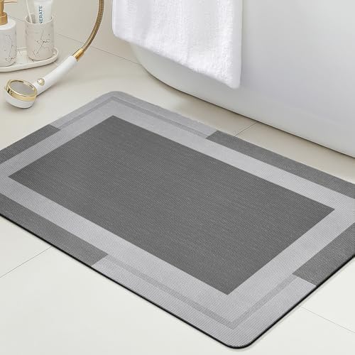 ACCUMTEK Non Slip Bath Mat, Thin Bathroom Rugs Fit Under Door, Quick Dry Bath Mats, Machine Washable Bath Rugs for Bathroom, Bathtub & Kitchen, Bathtub & Kitchen, Grey/Bordered/24 x16