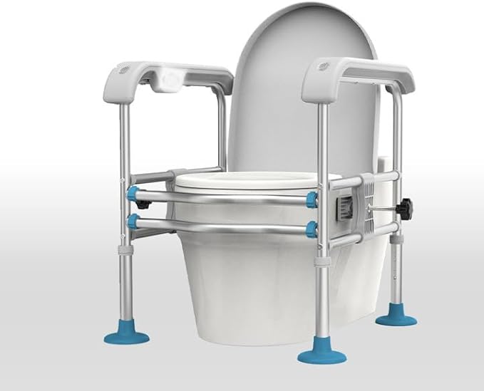 Toilet Safety Rail for Seniors with Sensor Light - Heavy Duty 300 Lbs, Universal Fit, Non-Slip Standing Aid, Included Storage Bag (Grey-Blue)